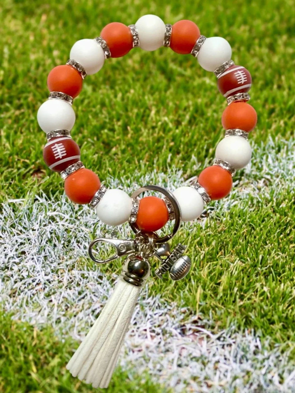 Burnt Orange and White TX Football Silicone Bead Wristlet Keychain Handmade